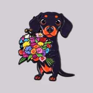 Flowers Enamel Plated 3D Cute Dachshund Brooch Lapel Pin