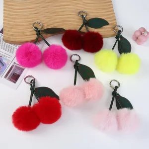 Fluffy Cherry Pom-Pom Silk Screen Printed Keychain Cute Fruit Bag Charm Pendant for Women and Girls