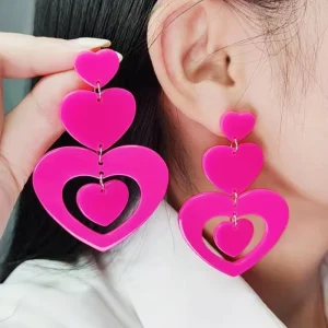 Fluorescent Pink Acrylic Heart Drop Earrings Stacked Layered Love Heart Dangle Earrings Trendy Valentine’s Statement Earrings