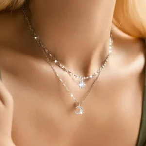 For Bestselling Instagram Style Silver Sparkling Diamond Starburst Moon Double Layer Alloy Electroplated Necklace Niche Fashion