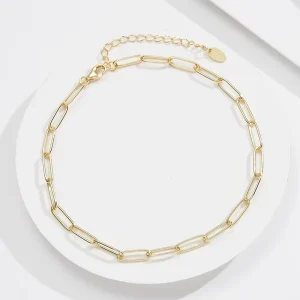 For Classic Rhodium Plated 14K Gold Plated Sterling Silver Paperclip Chain Anklet with Garnet for Women