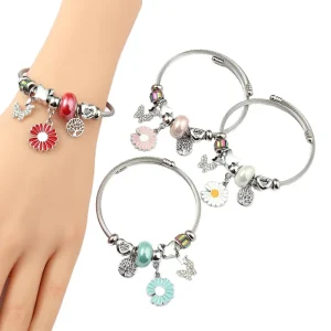 For Women’s Multicolor Daisy Stainless Steel Beaded Adjustable Wire Bracelet Bangle Butterfly Tree Life Charms Trendy