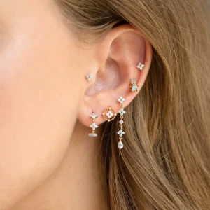 Four Leaf Clover Design Silver Earrings for Women Gold Rose Gold Plated Brass Blue Zircon Flower Pattern