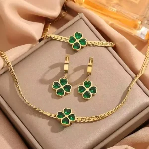 Four Leaf Clover Green Zircon New Stainless Steel Set Bracelet Necklace