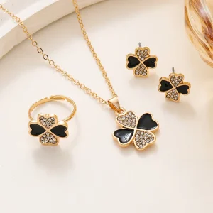 Four-Leaf Clover Jewelry Set with Necklace, Ring, and Earrings