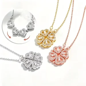 Four Leaf Clover Necklace Stainless Steel 18K Gold Plated Hypoallergenic Hollow Heart Pendant Zircon Magnetic Deformable Gift