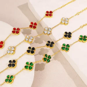 Four Leaf Zircon Flower and Grass Lucky Bracelet for Women 18K Gold Titanium Steel Colorful Birthstone Fashion