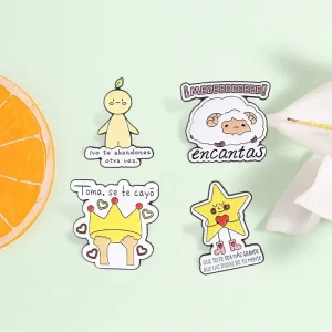 Four Pcs Cute Spanish Quote Enamel Pin Set Star Sheep Crown Lemon Cartoon Brooches For Backpack Decor