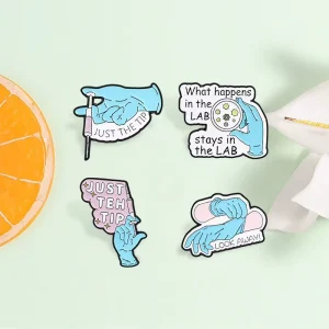 Four Pcs Lab Science Enamel Pin Set Blue Glove Syringe Petri Dish Funny Slogan Brooches For Backpack Decor