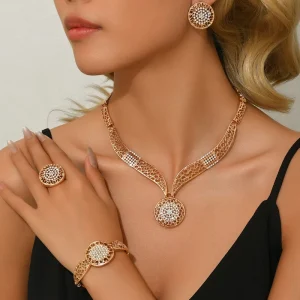 Four Piece Fashion Jewelry Set Diamond Studded Circle Necklace Earrings Rings Bracelets