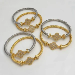 Four leaf Clover Braided Steel Wire Bracelet 18K Gold Micro set Zirconia Bracelet