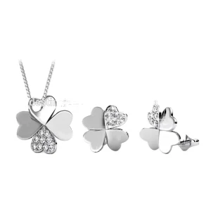 Four-leaf Clover Heart Shaped Pendant Embellished with Swarovski Crystals 18K Gold Plated Women Fashion Jewelry Set