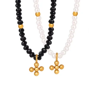 French Beaded Cross Pendant Necklace with Black Glass Stone and White Imitation Pearl