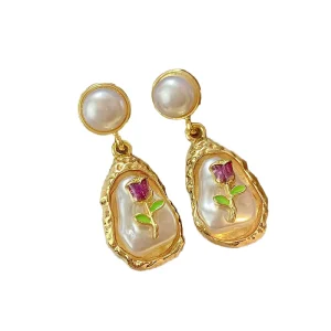 French Court Monet Garden Pearl Enamel Rose Drop Earrings for Women