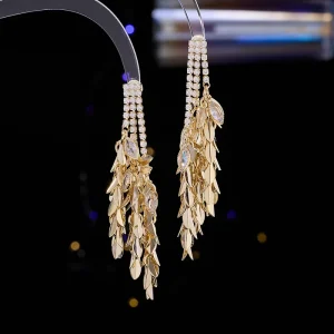 French Design Women Drop Earrings Zircon Wheat Tassel Pendant Charm Long Earrings Jewelry