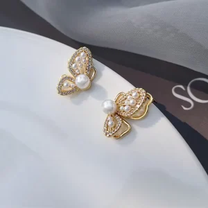French Diamond Butterfly White Pearl Stud Earrings Gold Plating Jewelry