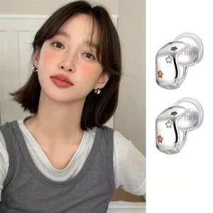 French Elegant Trendy Copper Star Zircon Clip on Earrings Rhodium Plated Geometric Design Women’s Party Wear New