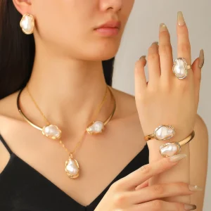 French Fashion Baroque Pearl Necklace Earrings Ring Set Jewelry Women’s Exaggerated Jewelry Accessories Irregular Pearl Bracelet
