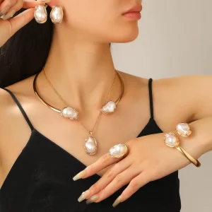 French Fashion Trendy Baroque Pearl Gold Plated Alloy Necklace Earrings Ring Set Women’s Exaggerated Accessories Irregular Pearl