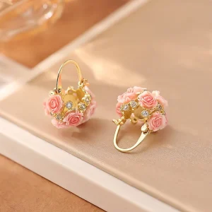 French Gentle Wind pink Rose Basket Earrings with Niche Design Fashionable and Exquisite Earrings Fresh Fashion Jewelry