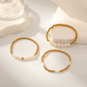 French INS Versatile Natural Freshwater Pearl Bracelet Women’s Light Luxury Stainless Steel Gold Beaded Geometric Charm Bracelet