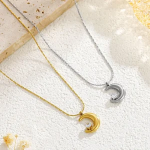 French Moon Prong Diamond Stainless Steel Clavicle Chain Necklace for Women