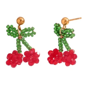 French Niche Versatile Bow Cherry Stud Earrings Waterproof Stainless Steel 18K Gold Summer Fresh Sweet Beads Earrings Jewelry