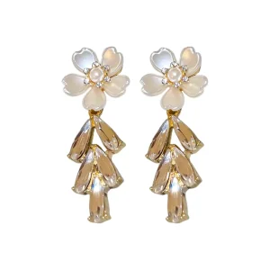 French Retro Flower Pearl Tassel Alloy Drop Earrings Zircon Trendy Female Personality Sweet Temperament Light Luxury High-end