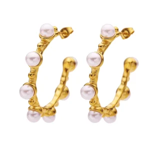 French Retro Pearl Stainless Steel Earrings 18K Gold Plated
