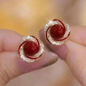 French Retro Pearl Stud Earrings Set with Crystal Rhinestones Gold Plated Alloy Trendy Women’s Fashion Jewelry
