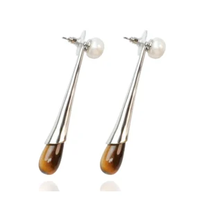 French Retro Tiger Eye Stone Drop Earrings Female High grade Sense Temperament Light Luxury Pearl Long Stud Earrings Design