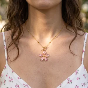 French Romantic Pink Sakura Enamel Flower Pendant Necklace Stainless Steel PVD 18K Gold OT Toggle Clasp Vintage Jewelry Gift