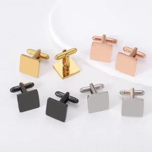 French Square Stainless Steel Cufflinks with Blank Laser Marking for Custom Logo Fashion Tie Clips