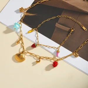 French Style 316L Stainless Steel Gold Plated Fruit Bracelet Necklace Pendants Fashion Jewelry for Women Set