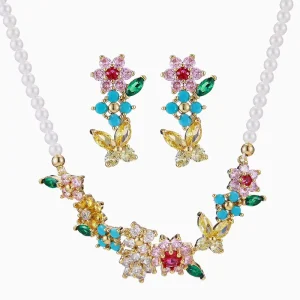 French Style Fashion Jewelry Set Butterfly Flower Design Pearl Zircon Stud Earrings Necklace Set for Women Wedding Jewelry