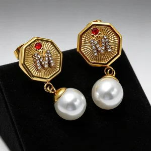 French Style Fashion Stainless Steel Zirconia M Letter Waterproof Pearl Pendant Stud Earrings
