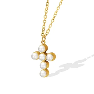 French Style Imitation Pearl Cross Pendant Necklace Versatile Fashion Womens Collarbone Chain