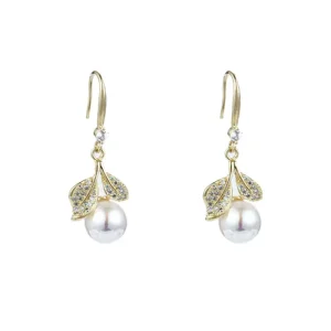 French Style Light Luxury Full Diamond Leaf Imitation Pearl Earrings Niche Design Sense New Trend Temperament for Women