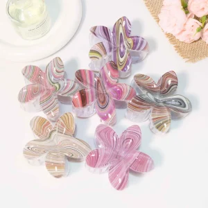 French Vintage 8cm Plumeria Hair Claw Clip Marbled Stripe UV Printed Translucent Resin Lay Flat Comfort Shatterproof Accessories