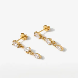 French Vintage Drop shaped Zirconia Long Earrings Titanium Steel 18K Gold