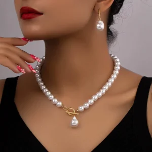 French Vintage Irregular Baroque Faux Pearl Earrings and Necklace Set for Women Clavicle Chain