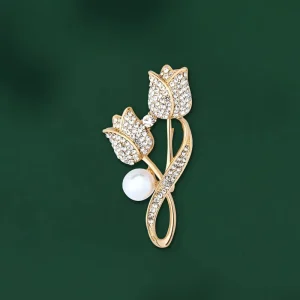 French Vintage Rose Brooch Small Fragrant Tulip Alloy Diamond Corsage Feather Pin Suit or Dress Accessory Gift