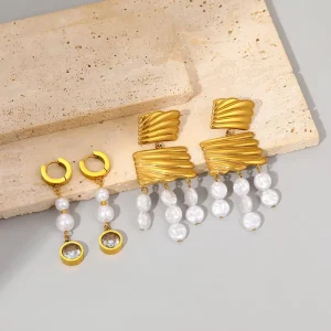 French Vintage Style Imitation Pearl Pendant Earrings Stainless Steel Women’s Fashion Accessories TGES6171