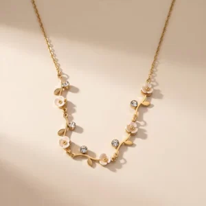 French style Diamond studded Tassel Flower Leaf Pendant Necklace for Women’s Bamboo Chain Fashionable Versatile Niche Premium