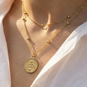 French-style Fashion Double-layer Beaded Layered Bamboo Evil Eye Plate Pendant Elegant Stainless Steel Women’s Sporty