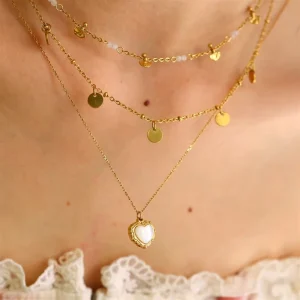 French style Vintage Layered Necklace 18K Gold plated with Round Disc and Heart Pendant Set