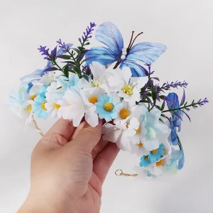 Fresh Rhinestone Retro Hair Band Butterfly Double layer Blue Pearls Hair Accessory Flowers Elegant Headbands
