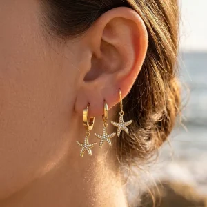 Fresh Trendy Starfish Inlaid Crystal Rhinestone Hoop Earrings European American Fashion Stainless Steel 18K Gold Plated Earring