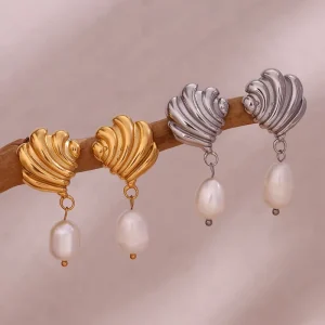 Fresh Water Pearl Engraved Water Wave Gold Plated 316L Stainless Steel Fashion Dangle Hypoallergenic Earrings