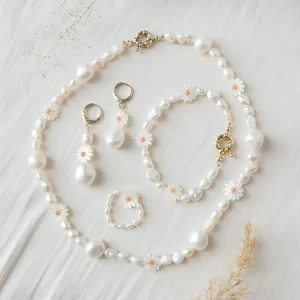 Fresh Water Pearl Jewelry Set Stainless Steel Pearl Daisy Necklace
